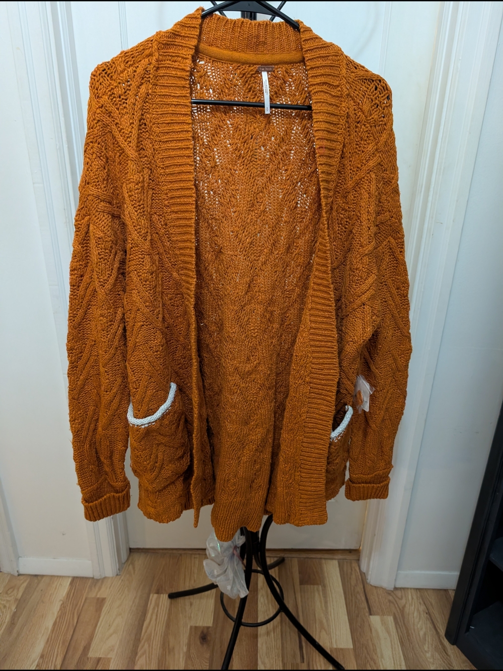 Free People Chunky Cable Open-Front Cardigan in Rust Orange Size Small